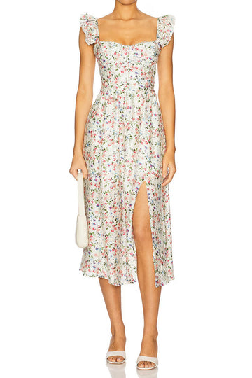 Sweetheart Floral Ruffle Sleeve Midi Dress
