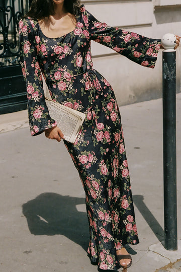 Floral Bell Sleeve Tie Maxi Dress