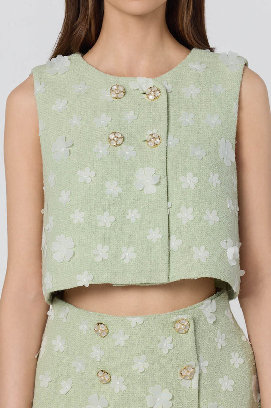 3D Floral Button Vest Skirt Set
