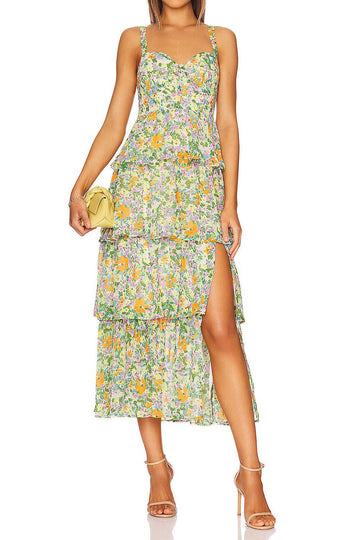 Sweetheart Tiered Floral Slit Midi Dress