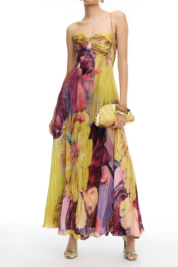 Pleated Floral Cami Chiffon Maxi Dress