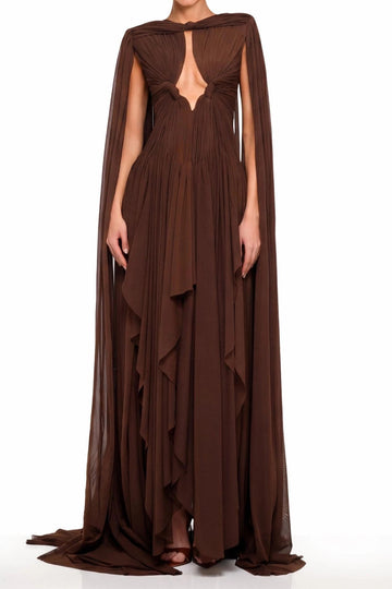 Draped Cape Keyhole Chiffon Maxi Dress