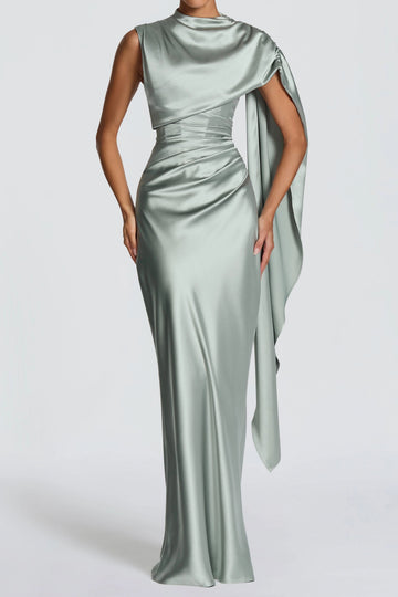 Satin Draped Shoulder Cape Maxi Dress