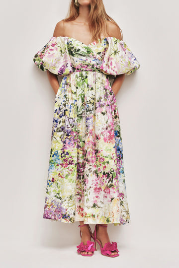 Off Shoulder Puff Sleeve Floral Midi Dress