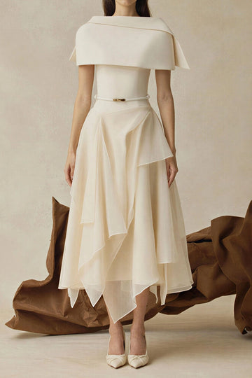 Foldover Collar Layered Chiffon Midi Dress