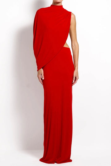 High Neck One Shoulder Draped Maxi Dress
