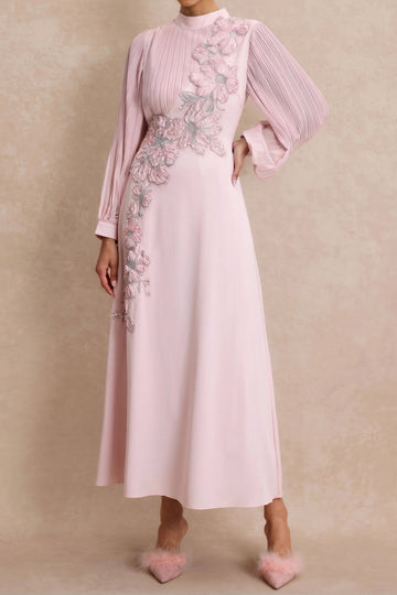 High Neck Pleated Floral Applique Maxi Dress
