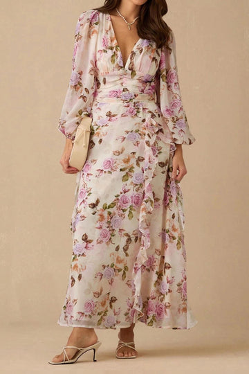 Rose Print Ruched Waist Maxi Dress