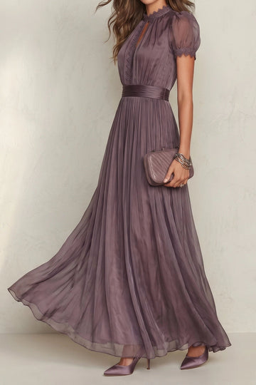 Pleated Waist Puff Sleeve Maxi Dress