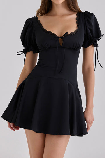 Lace Trim Puff Sleeve Mini Dress