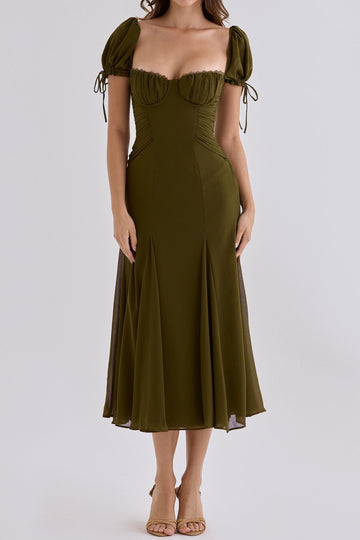 Square Neck Puff Sleeve Midi Dress
