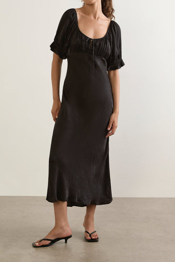 Puff Sleeve Ruched Satin Midi Dress