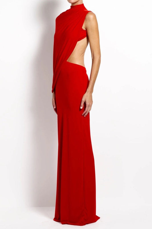 High Neck One Shoulder Draped Maxi Dress