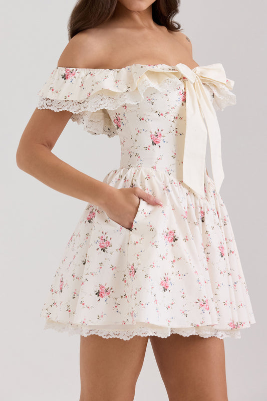 Off-Shoulder Bow Floral Mini Dress
