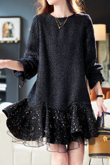 Round-neck mesh sequin spliced dress