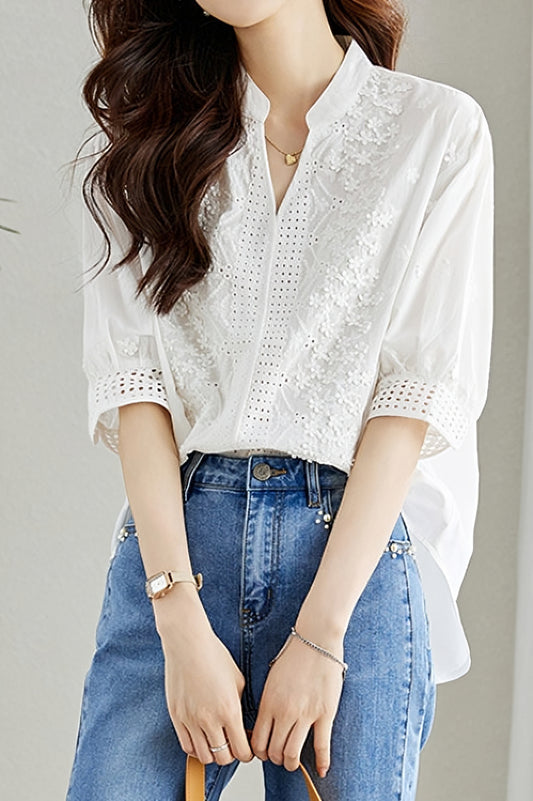 Solid Color Embroidered Cutout Shirt