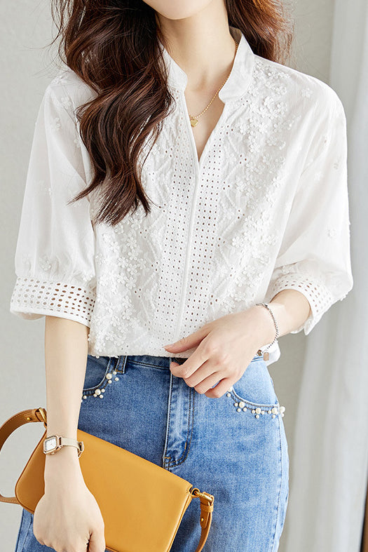 Solid Color Embroidered Cutout Shirt