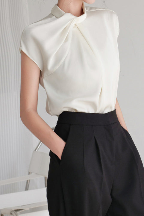 French Inspired Stand Collar Shirt with Twist Pleat Detail for Commuting
