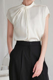 French Inspired Stand Collar Shirt with Twist Pleat Detail for Commuting