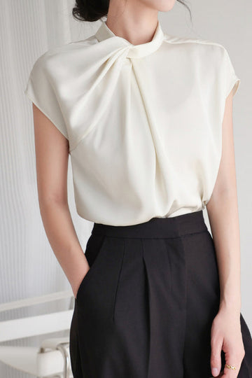 French Inspired Stand Collar Shirt with Twist Pleat Detail for Commuting