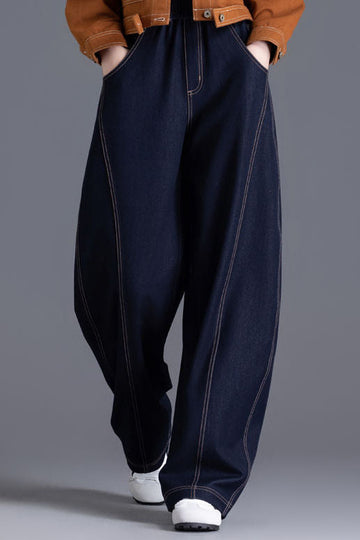 Fashionable elastic waist curved-leg jeans