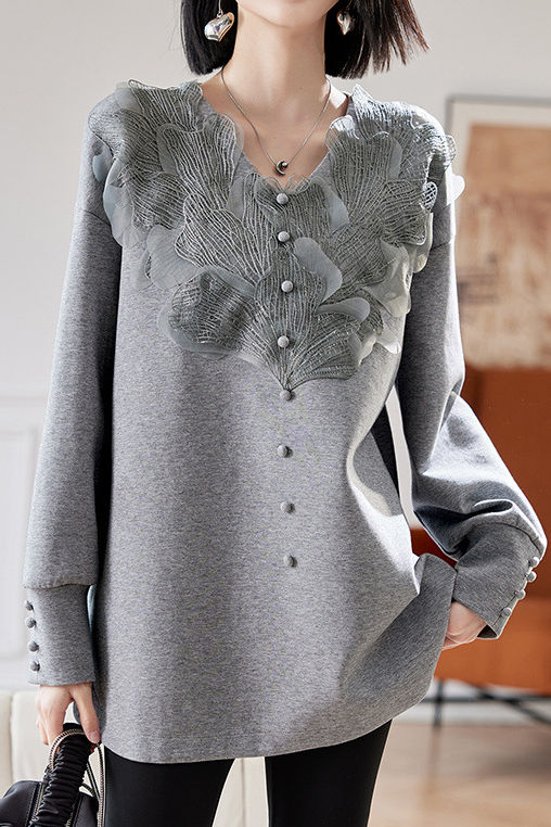 Early autumn stylish casual lace paneled sweatshirt