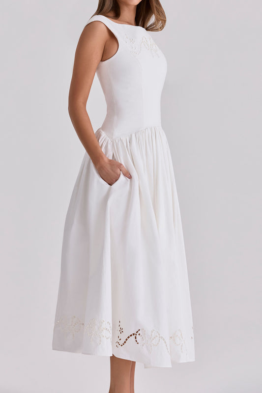 Off-Shoulder Embroidered Drop Waist Midi Dress