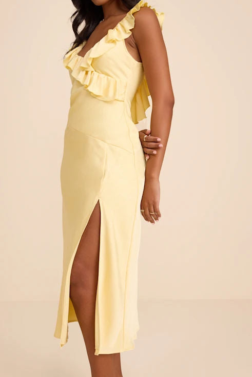 Ruffle One Shoulder Slit Midi Dress