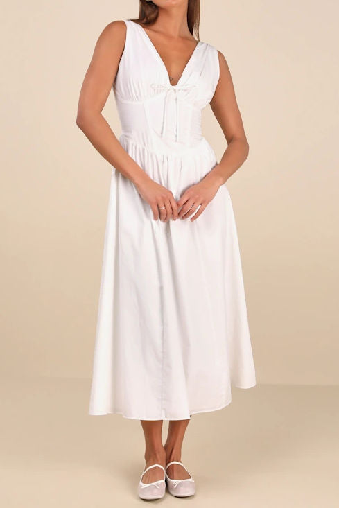V Neck Drawstring Waist Midi Dress