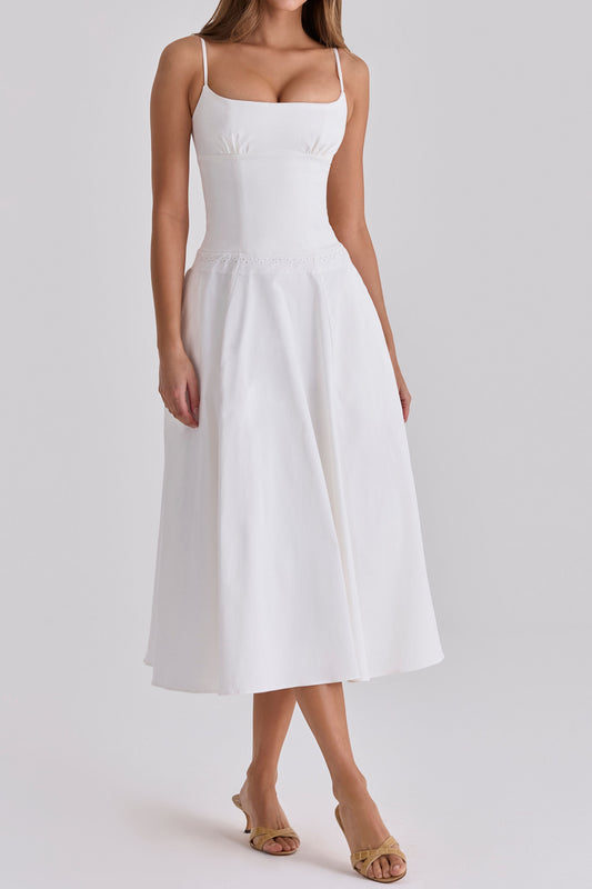 Square Neck Lace Waist Midi Dress