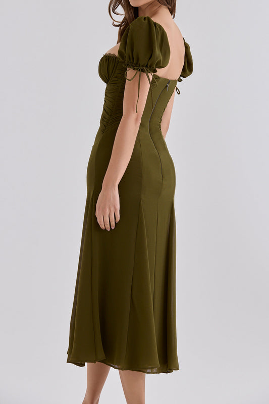 Square Neck Puff Sleeve Midi Dress