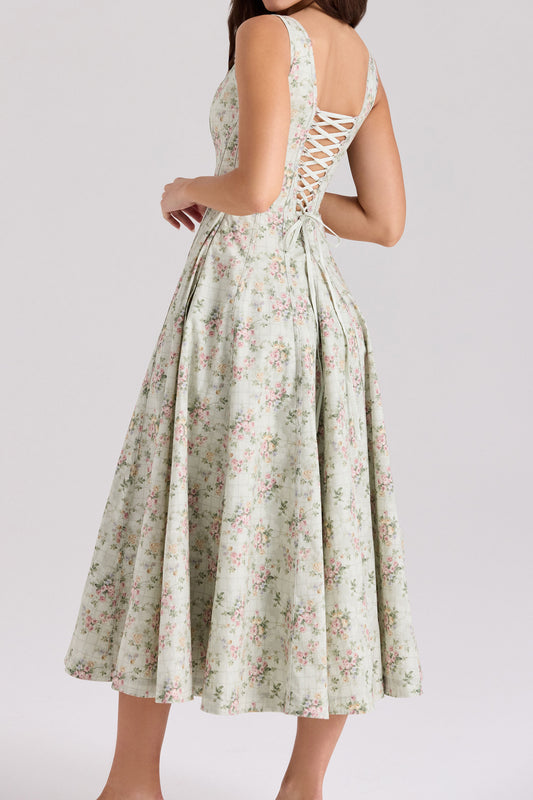 Floral Corset Pocket A-Line Midi Dress