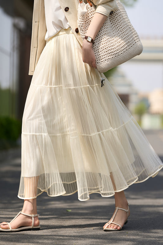 Vintage French Inspired Pleated Midi Skirt