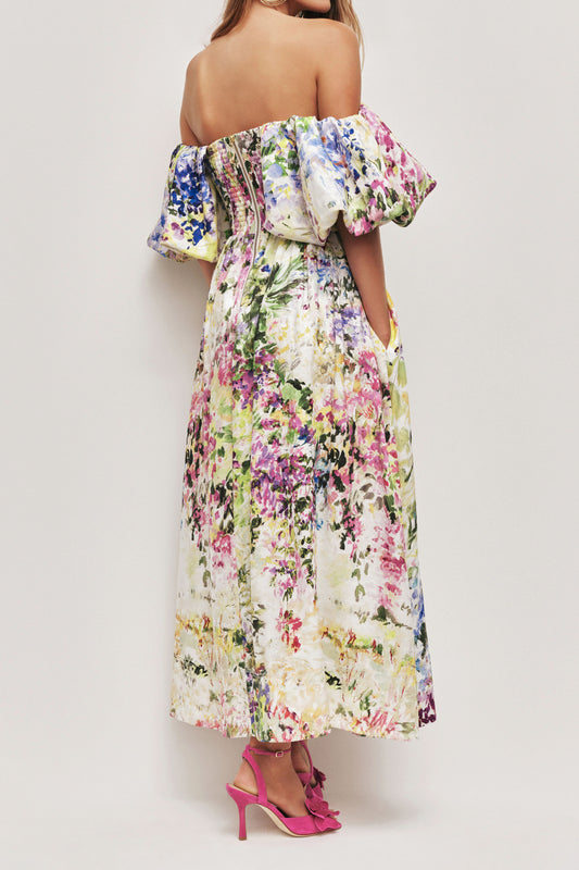 Off Shoulder Puff Sleeve Floral Midi Dress
