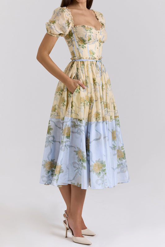 Puff Sleeve Floral Tiered Midi Dress
