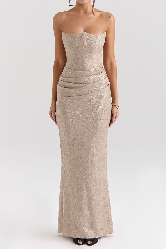Strapless Jacquard Draped Mermaid Maxi Dress
