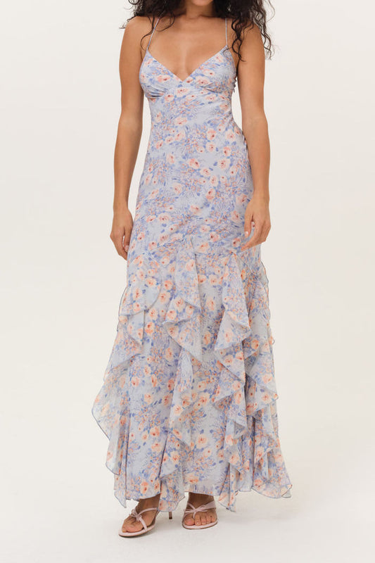 Floral Ruffle Tiered Chiffon Maxi Dress