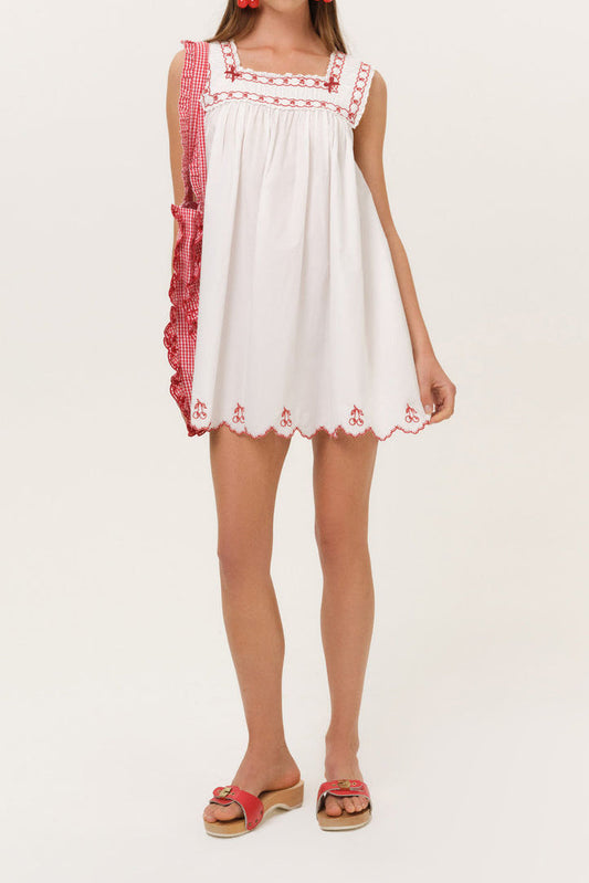 Cherry Embroidered Square Neck Mini Dress
