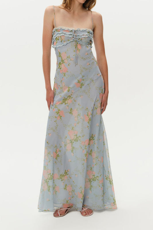 Floral Ruffle Trim Slip Maxi Dress
