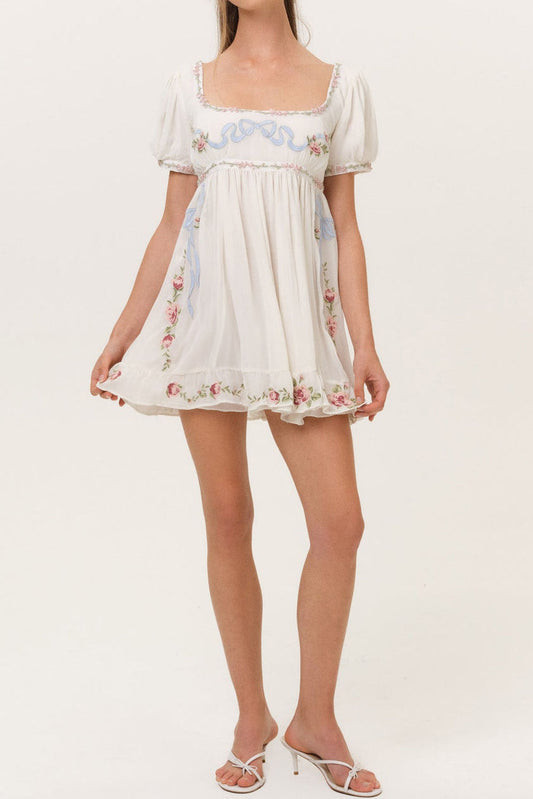 Puff Sleeve Bow Trim Mini Dress