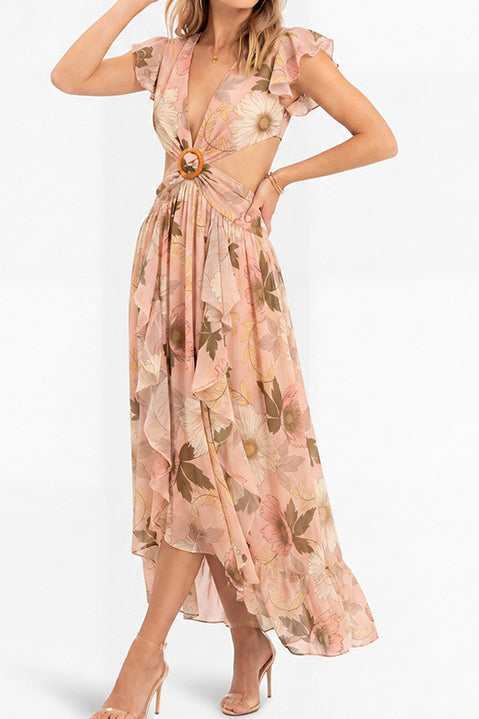 Pink Tone Floral Ruffle Sleeve Long Dress