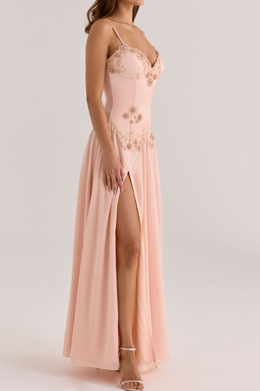 Beaded Floral Bustier Slit Maxi Dress