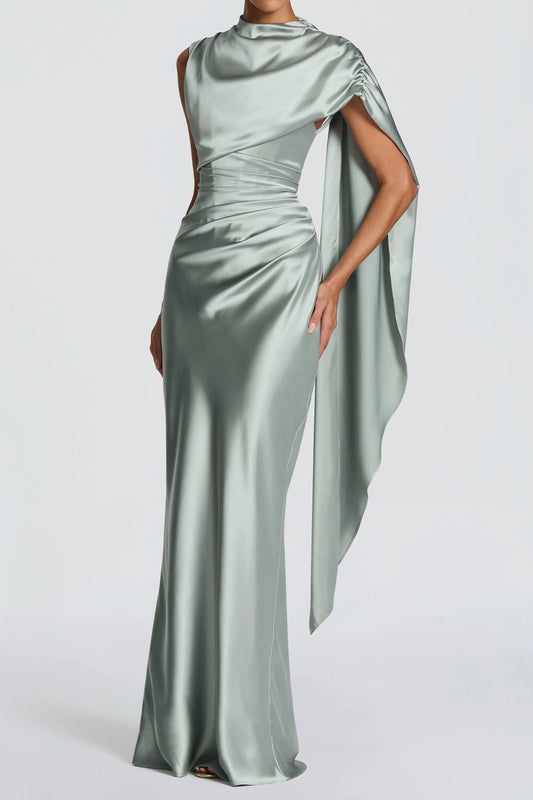 Satin Draped Shoulder Cape Maxi Dress