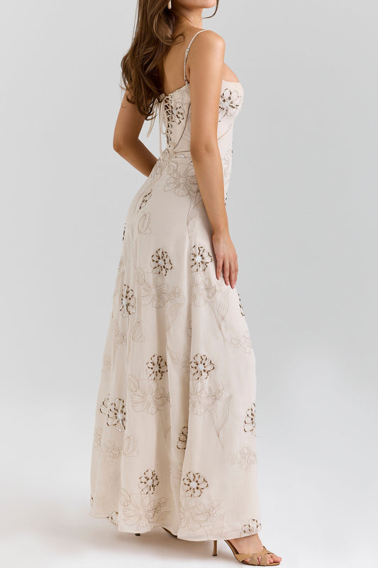 Strappy Embroidered Floral Slip Maxi Dress