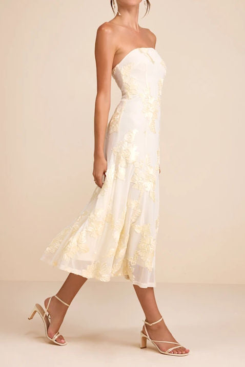 Strapless Floral Appliqué Mesh Midi Dress