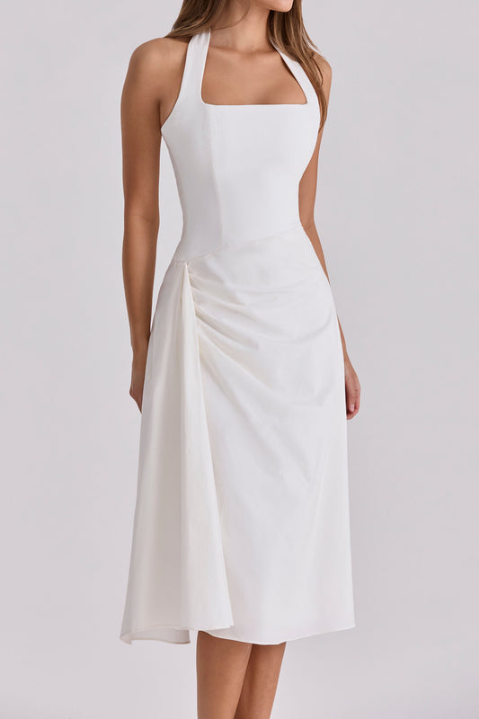 Halter Draped Pleated Midi Dress