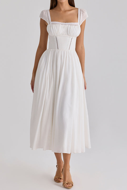 Square Neck Ruched Bodice Midi Dress