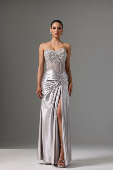Denny Strapless Sequin High Slit Maxi Dress