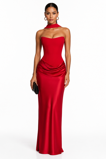 Strapless Corset Draped Satin Maxi Dress