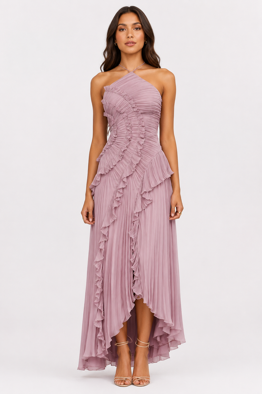 One Shoulder Ruffle Pleated Dress